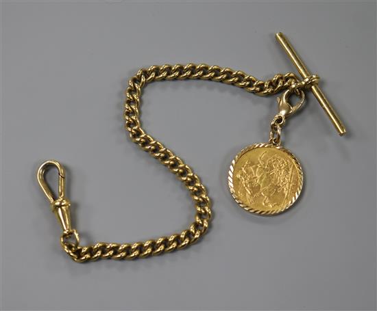 An 1893 gold sovereign in 9ct gold mount with trigger clasp (10.1g total) on a gilt metal metal watch chain